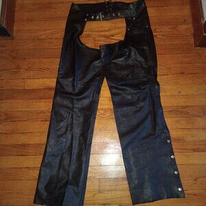 THE LEATHER WORKS Black Leather Chaps Size Men's XL Snap/Zip/Buckle/Laces